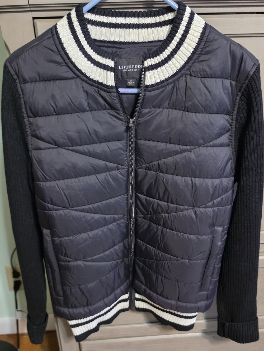 Liverpool Black Quilted Bomber with White-Trim Collar